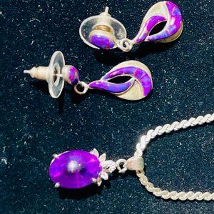 RARE Oval Genuine Opal Amethyst Sterling Silver Pendant &  925 signed earrings